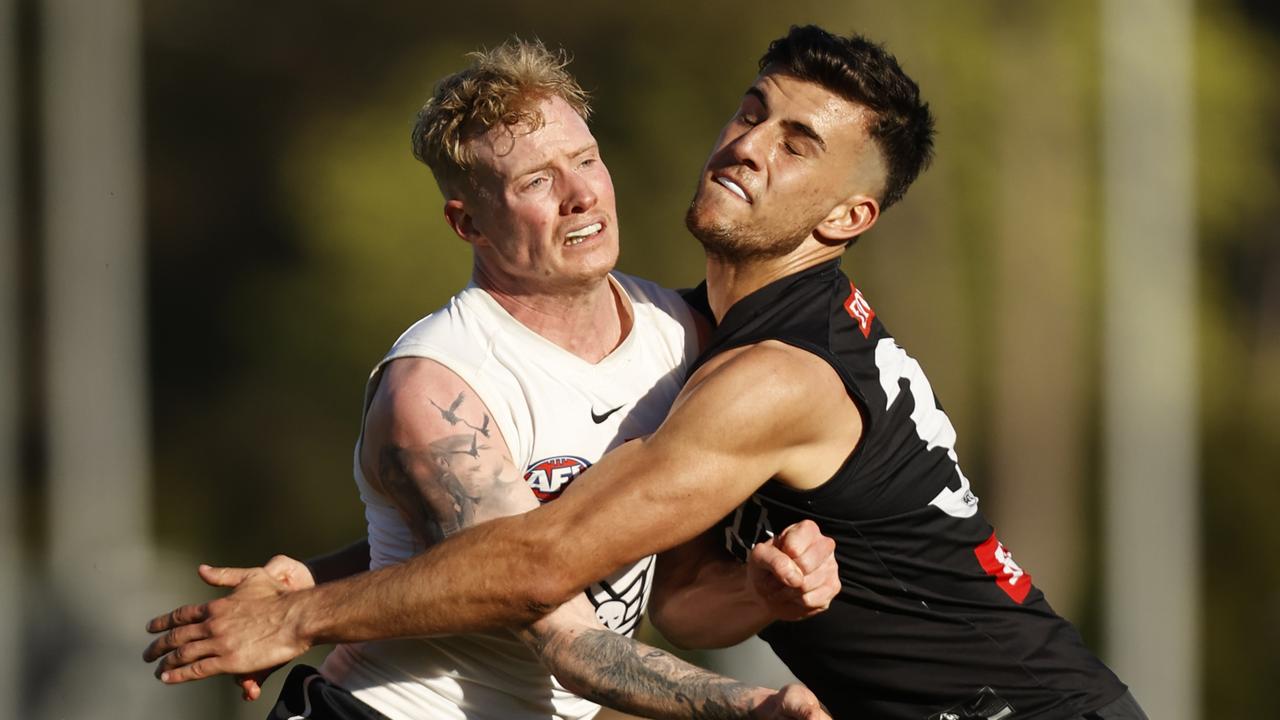 Nick Daicos tests himself at training. Picture: Darrian Traynor/Getty Images