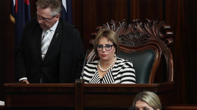 Sue Hickey takes her place in the Speaker’s chair on the first day of parliament after the 2018 election. Picture: LUKE BOWDEN