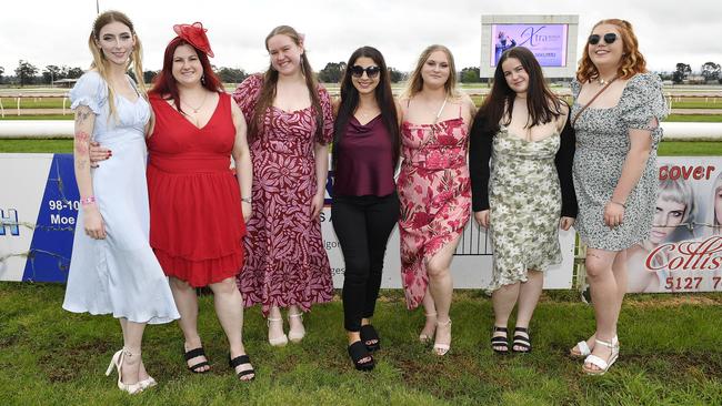 The Ladbrokes 2024 Moe Cup is held at Moe Horse Racing Club, Moe Victoria, Friday 18th October 2024. Racegoers Lilly, Brittany, Maddison, Olivia, Heather, Kaitlyn, Beth enjoying the races.Picture: Andrew Batsch