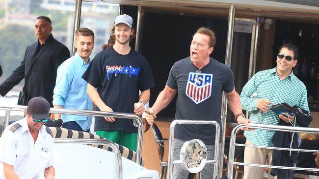 Arnold Schwarzenegger on Sydney Harbour in 2017. Picture: Adam Taylor