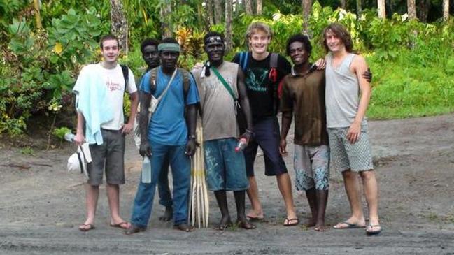 Matthew Mclean, students from the Mabiri School, Thomas Green, Kinsford and Adrian Fowler explore the island of Bougainville. Picture: Supplied