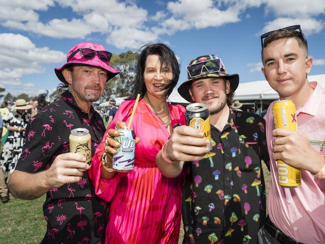 At the Clifton Races are (from left) Rodney Wilkins, Kylie Wilkins, Brodie Wilkins and Travis Pitman, Saturday, October 28, 2023. Picture: Kevin Farmer