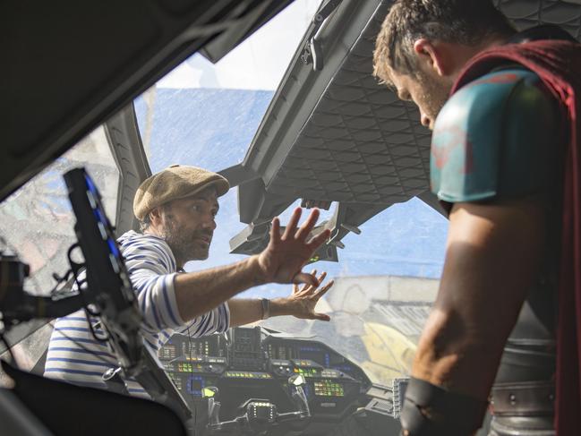 Director Taika Waititi and Chris Hemsworth on the set of Thor: Ragnarok on the Gold Coast. The film was attracted here by a range of factors including the Federal film location tax offset. Picture: Jasin Boland. Marvel Studios 2017