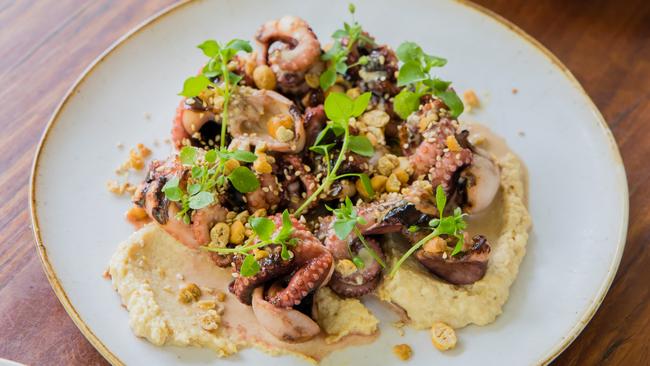 Grilled baby octopus with tahini, hummus and rosemary at Chiswick, Sydney.