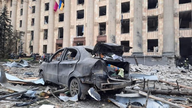 Video footage shared on social media showed the moment the massive explosion hit in the front of an administration building, with a massive fireball ballooning into the sky. The damage is seen. Picture: State Emergency Service of Ukraine/Anadolu Agency via Getty Images