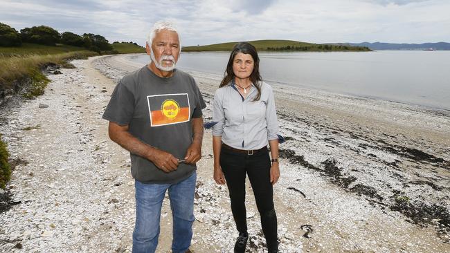 Aboriginal Heritage community member Rocky Sainty and South Arm resident, Robyn McNicol are pictured at the site of a proposed golf course at Arm End Recreational Reserve near Opposum Bay, South Arm in 2018. PICTURE: MATT THOMPSON