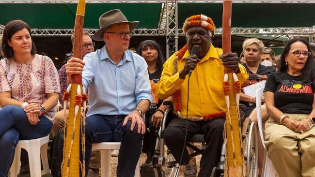 Prime Minister of Australia Anthony Albanese and Galarrwuy Yunupingu during the Garma Festival 2022. Picture: Tamati Smith/Getty Images