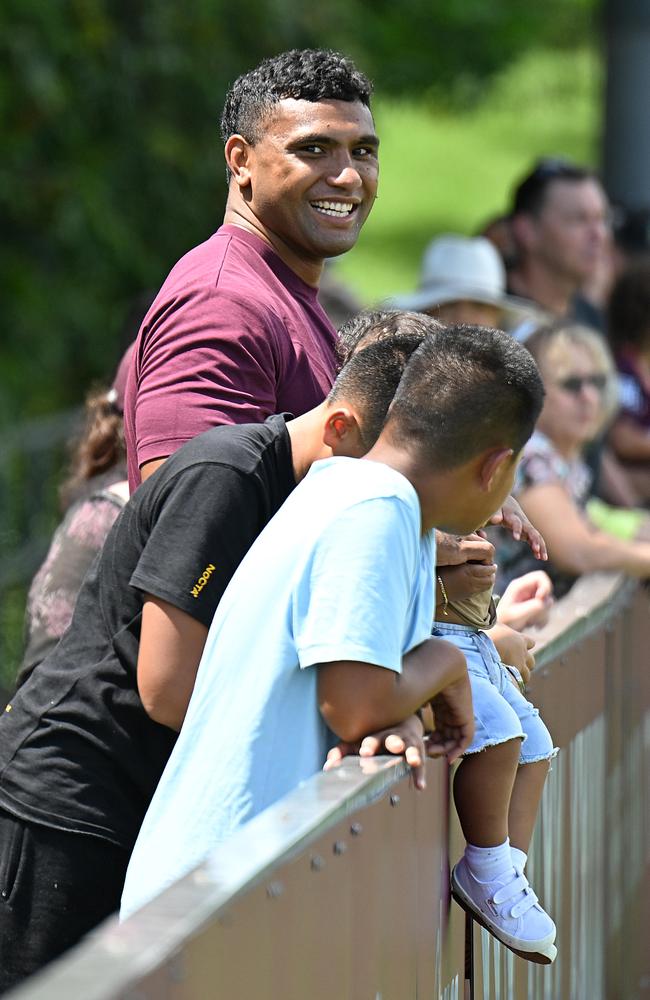 Tevita Pangai Jr was a keen observer at Broncos training. Picture: Lyndon Mechielsen/Courier Mail