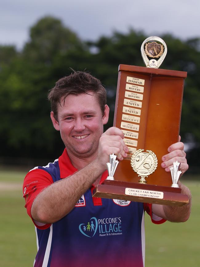 Mulgrave captain Justin Reid with the winner's trophy after claiming victory in the Cricket Far North Grand Final match between Rovers, held at Griffiths Park. Picture: Brendan Radke