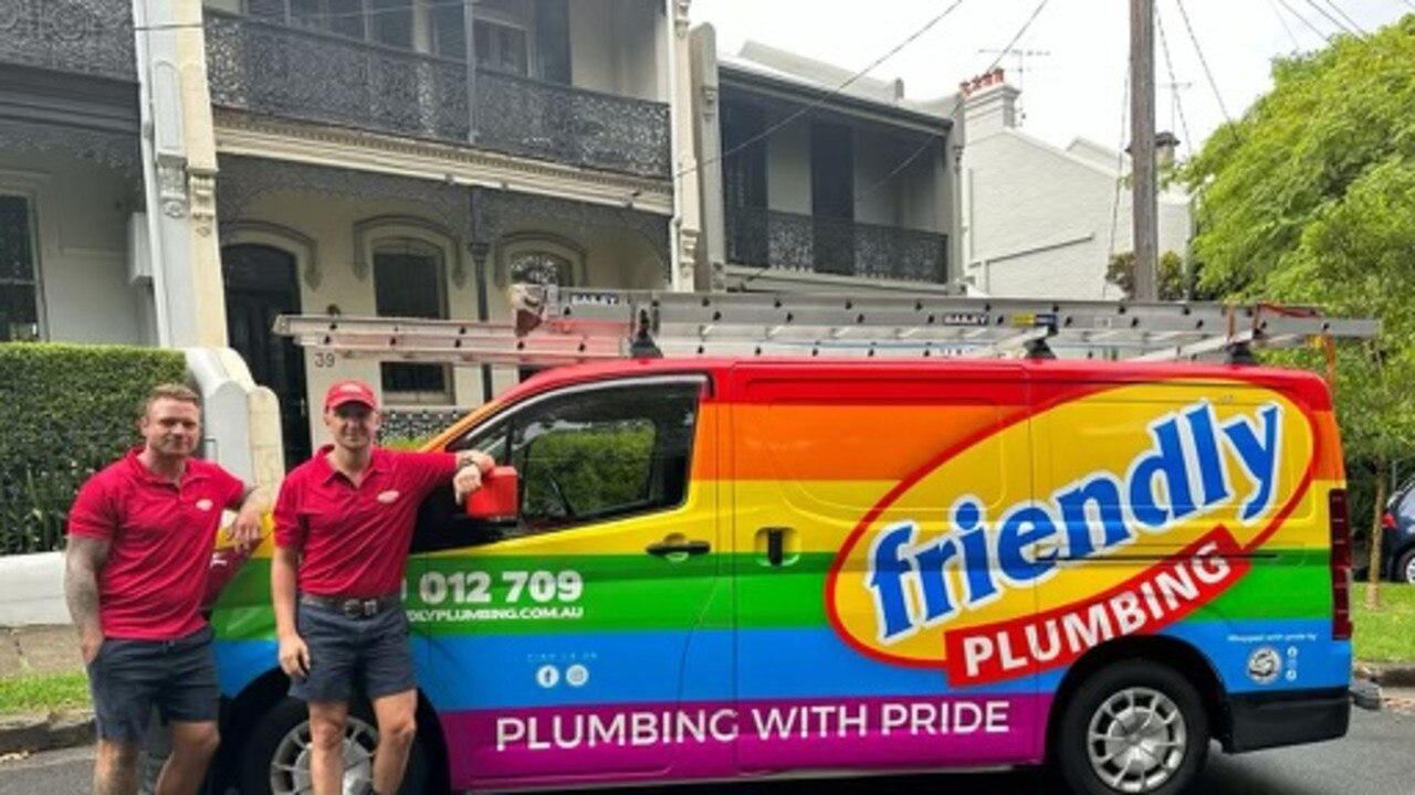 Former Sydney Roosters rake Jake Friend and his Pride work van with his plumbing business in Sydney.