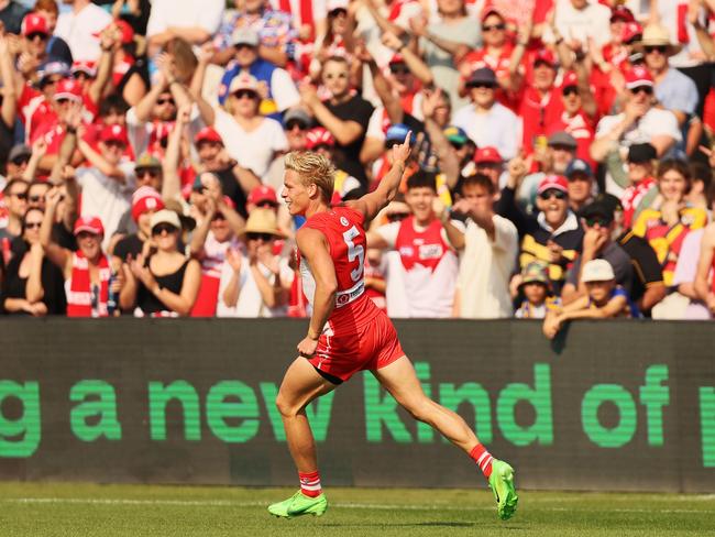 ADELAIDE, AUSTRALIA - APRIL 06: Isaac Heeney of the Swans celebrates a goal during the round four AFL match between West Coast Eagles and Sydney Swans at Adelaide Hills - Mt Barker, on April 6, 2024, in Adelaide, Australia. (Photo by James Elsby/Getty Images)