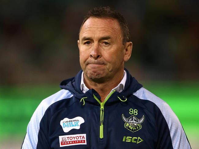 CANBERRA, AUSTRALIA - APRIL 17:  Raiders coach Ricky Stuart looks on before the round six NRL match between the Canberra Raiders and the Parramatta Eels at GIO Stadium on April 17, 2021, in Canberra, Australia. (Photo by Matt Blyth/Getty Images)