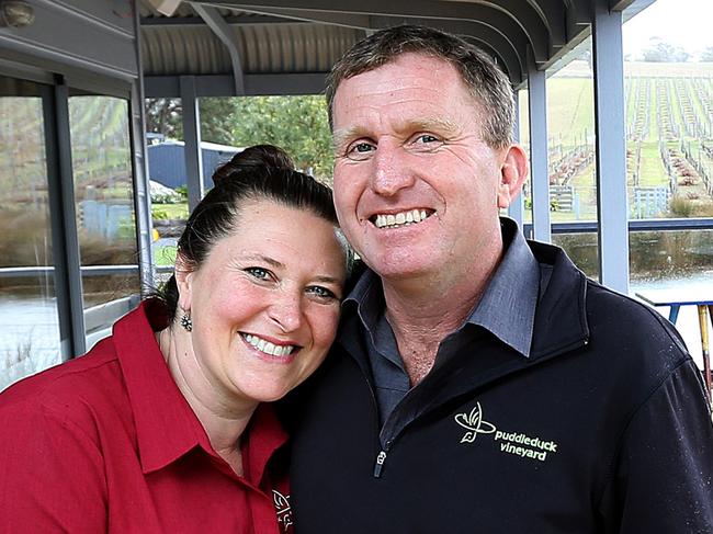 Puddleduck Vineyard owners Jackie and Darren Brown have launched their new cellar door which incorporates new tasting rooms, a playground and a deck perched over the dam.