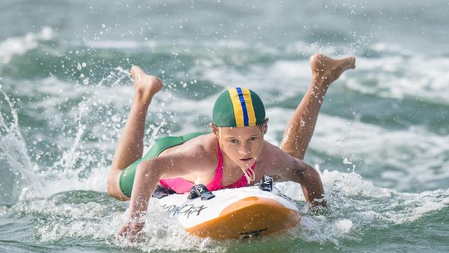 Will Tebb, of Avoca Beach, contesting the under-11 boys board at the Surf Life Saving Central Coast junior branch carnival at Copacabana Beach on Sunday. Picture: Troy Snook