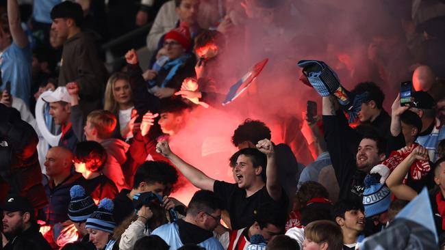 City fans celebrate after Yonatan Cohen scored a goal during the A-League Men Grand Final match. Photo: Graham Denholm/Getty Images