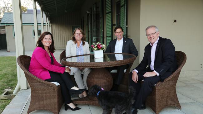 Scott Morrison, wife Jenny and Buddy with United States of America Secretary of Defence Mark Esper and his wife Leah in 2019. Picture: Adam Taylor