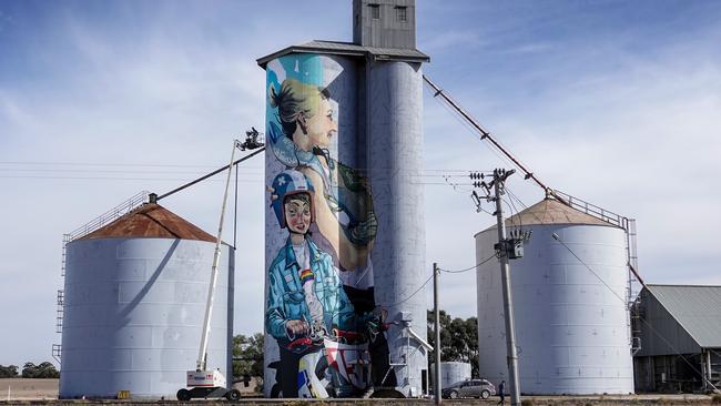 The design features a young boy riding a farm bike and a woman with a yabbie, a nod to the legend of monster yabbies in Lake Albacutya. Picture: Alex Coppel.