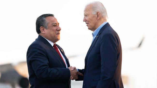 US President Joe Biden shakes hands with Peru Prime Minister Gustavo Adrianzen upon arrival in Lima, Peru, for the APEC summit. Picture: AFP