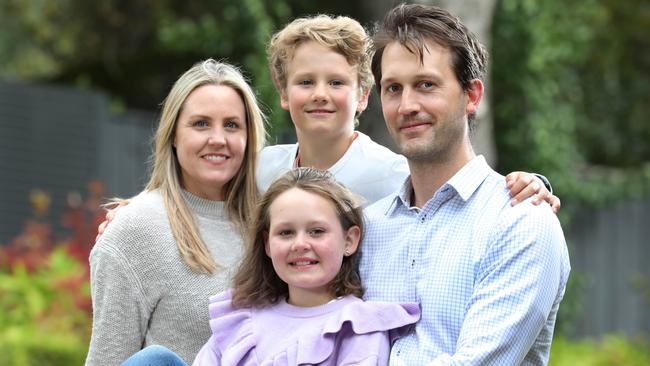 Tim and Jennifer Everett with their 10-year-old daughter Georgia and her younger brother Jack. They found out on Friday that Georgia is in remission after more than two years of treatment for leukaemia. Picture: Dean Martin