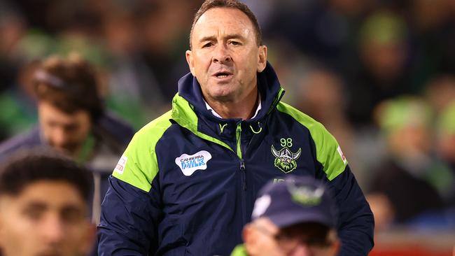 CANBERRA, AUSTRALIA - APRIL 29: Raiders coach Ricky Stuart watches on during the round eight NRL match between the Canberra Raiders and the South Sydney Rabbitohs at GIO Stadium, on April 29, 2021, in Canberra, Australia. (Photo by Mark Nolan/Getty Images)