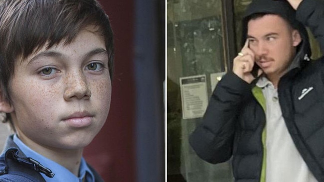 Former child actor Jarin Towney in Devil's Playground, left, and outside court last year. Pictures: Supplied/News Corp