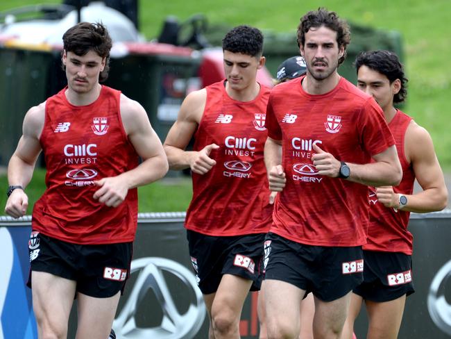 James Van Es, Anthony Caminiti, Anthony Caminiti and Max King at St Kilda training. Picture: Andrew Henshaw