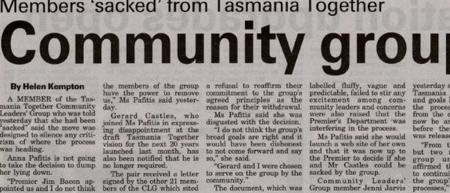 A newspaper clipping from the 00s covering the more controversial aspects of the Tasmania Together initiative. Source: DANNY KEEP.