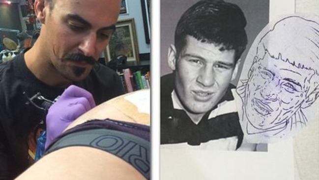 Dane Swan gets Sam Newman inked on his bottom. Picture: Instagram/danes84