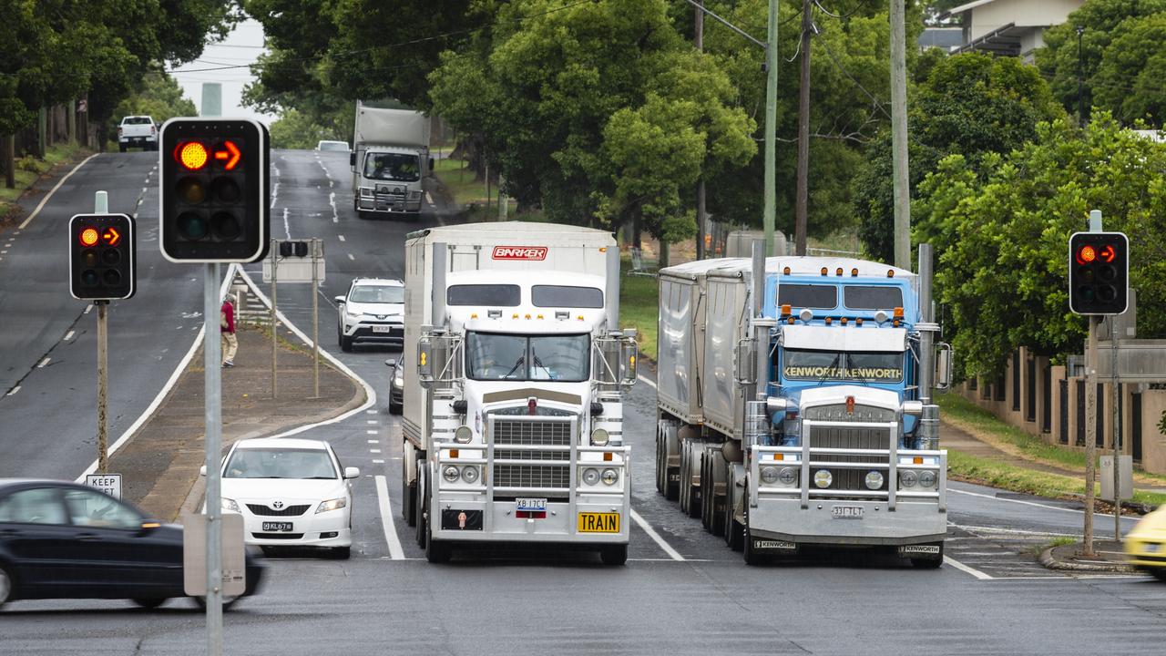 Toowoomba is once again impacted by road trains and other heavy haulage vehicles, pictured on James St, as the Toowoomba Bypass closure extends. Picture: Kevin Farmer