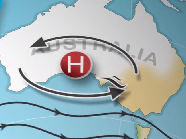 The Southern Annualr Mode is funneling westerly winds across Australai brining hot, dry air to the east. Picture: BOM.