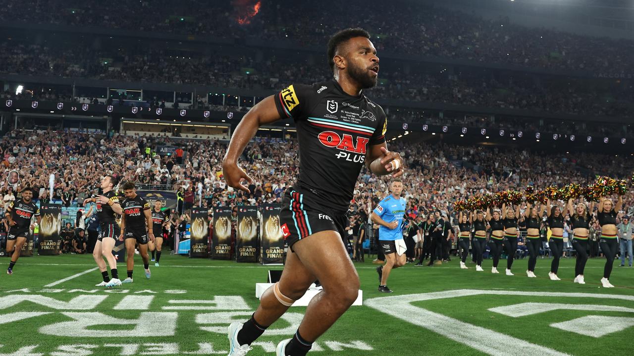 SYDNEY, AUSTRALIA - OCTOBER 01: Sunia Turuva of the Panthers runs onto the field before the 2023 NRL Grand Final match between Penrith Panthers and Brisbane Broncos at Accor Stadium on October 01, 2023 in Sydney, Australia. (Photo by Matt King/Getty Images)