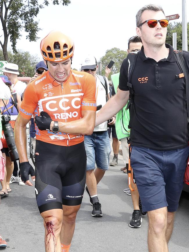 CCC’s Patrick Bevin unluckily handed in the leader’s ochre jersey about 9km from the stage five finish line in 2019 after a heavy crash, but managed to get to Strathalbyn after winning his first WorldTour stage three days earlier.