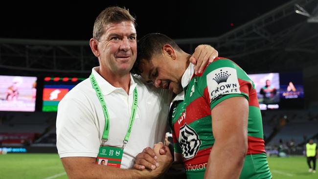 SYDNEY, AUSTRALIA - MARCH 25:  Latrell Mitchell of the Rabbitohs celebrates with Rabbitohs head coach Jason Demetriou after victroy during the round four NRL match between South Sydney Rabbitohs and Manly Sea Eagles at Accor Stadium on March 25, 2023 in Sydney, Australia. (Photo by Mark Metcalfe/Getty Images)