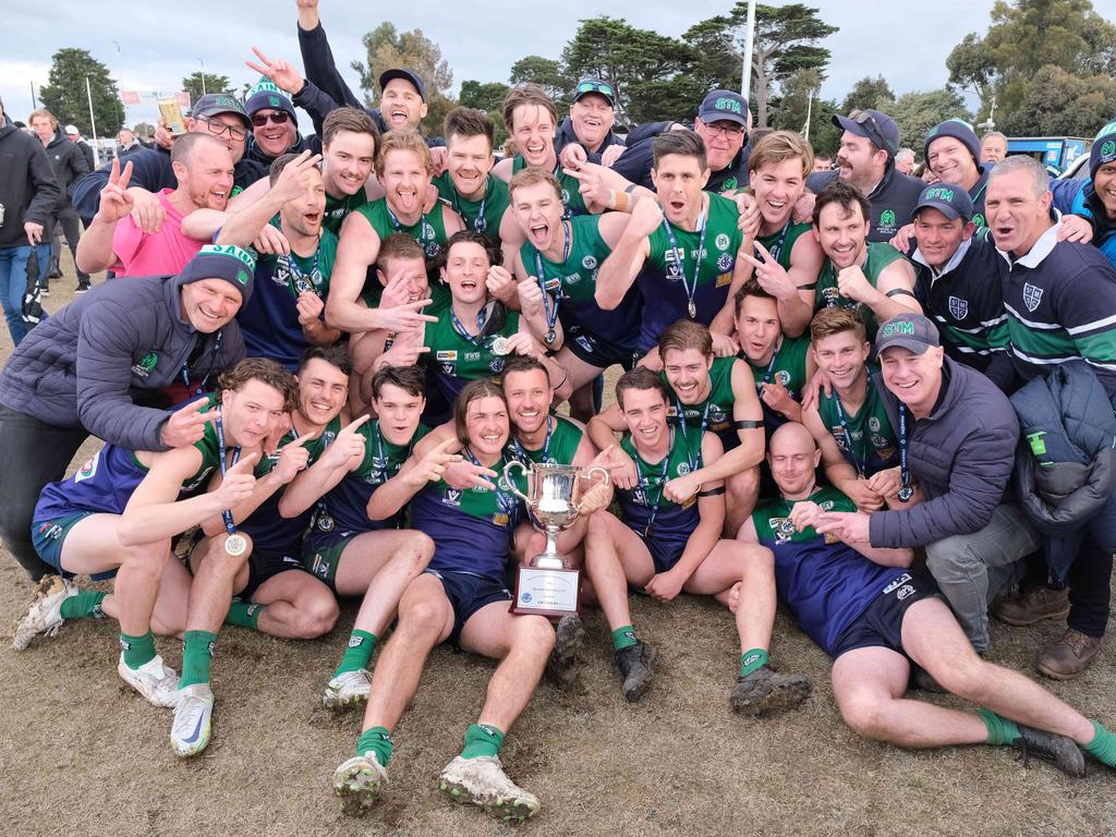 Football: GFL Grand Final day Senior footy grand final between St Mary's and Leopold St Mary's winners with cup Picture: Mark Wilson