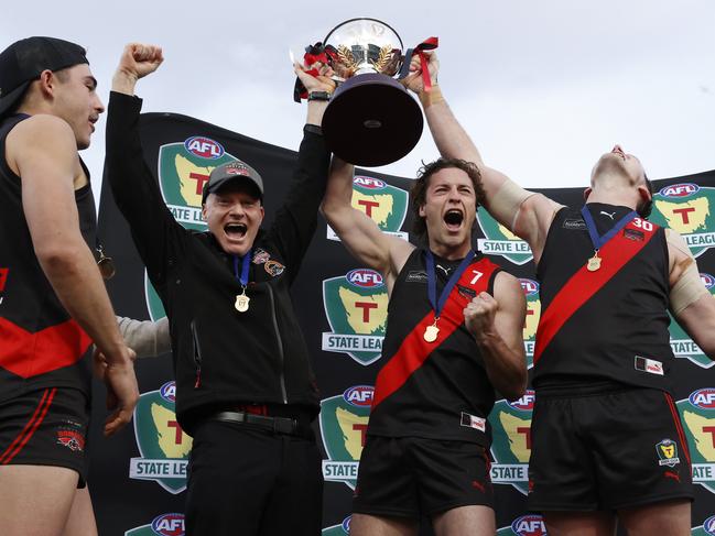 Adrian Smith North Launceston coach with Fletcher Bennett and Alex Lee.  TSL grand final 2024 - North Launceston V Lauderdale.  Picture: Nikki Davis-Jones