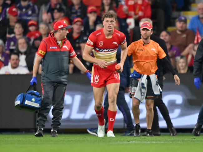 Dolphins star Jack Bostock was left unconscious after a tackle gone wrong on William Warbrick just minutes into the game. Picture: NRL Imagery