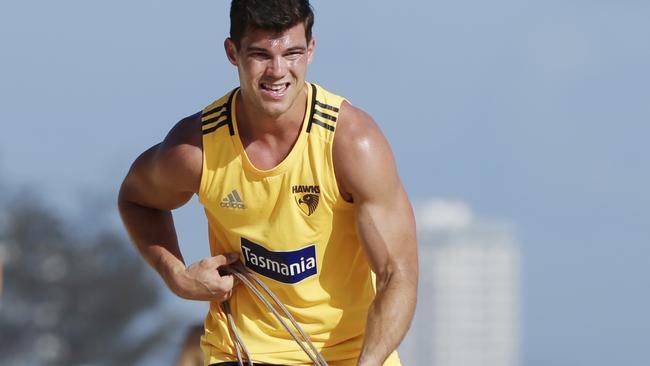 Jaeger O’Meara works up a sweat at the Hawks’ pre-season training camp. Picture: Lachie Millard