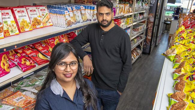 Sejal Patel and Jiten Shah. Quick &amp; Easy Indian Grocery Store and Tobacconists open in Ruthven St. Picture: Nev Madsen.