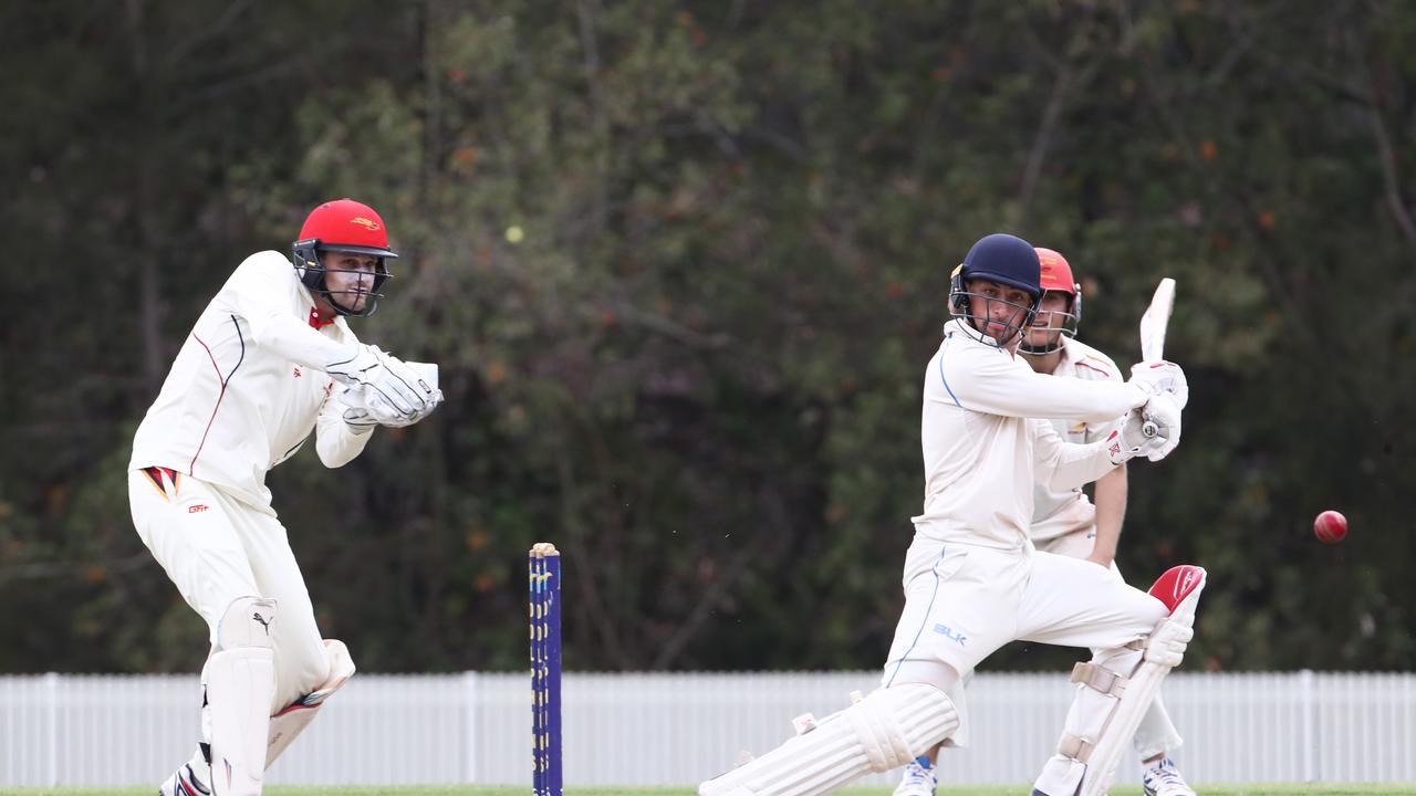Gold Coast Dolphins batsman Liam Hope-Shackley plays a shot against the Sunshine Coast during the Queensland Premier Cricket match at Bill Pippen Oval. Photograph : Jason O'Brien