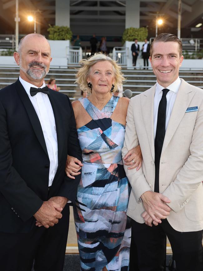 Greg Morgan, Chris Nikora and Damien Burke at the Southport State High School Formal at SeaWorld. Picture, Portia Large.