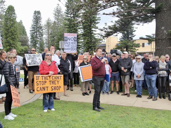 Mackellar MP Jason Falinski speaks at the rally at Collaroy. Picture: Monique Tyacke