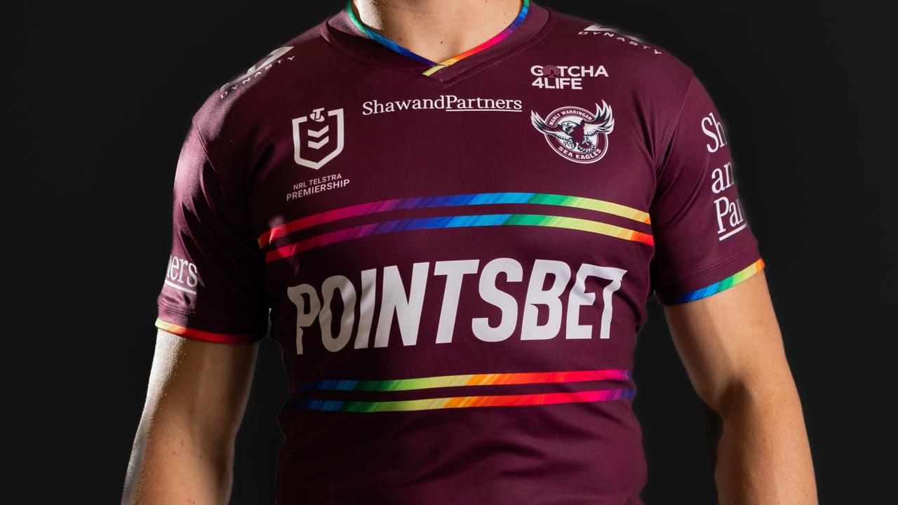 Manly's Sean Keppie, Kieran Foran and Reuben Garrick in the Sea Eagle's Pride jersey. Pic: Manly Digital