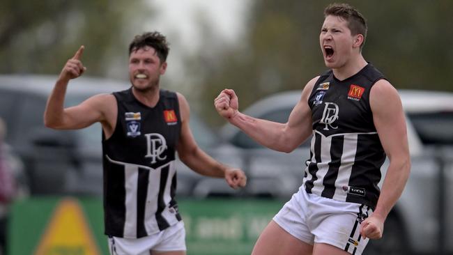 Darley’s Billy Myers (right) celebrates kicking a goal this season. Picture: Andy Brownbill