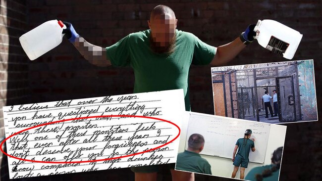 An excerpt from the letter a killer wrote to his victim's partner, bottom left, The killer is now on parole, having graduated from the in-prison program, (main picture, right middle and bottom right) which aims to rehabilitate the worst criminals. Pictures: Sam Ruttyn