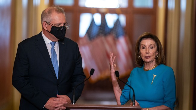 Mr Morrison also met Democrat House Speaker Nancy Pelosi who described Australia as "leading the way" in climate change. Picture: Kent Nishimura / Los Angeles Times via Getty Images