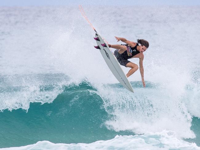 Aaron Kelly (Sunshine Beach, QLD) claiming victory at the Red Bull Airborne trials event at Duranbah Beach on Saturday, March 16. Picture credit: Ben Stagg, Surfing Queensland.