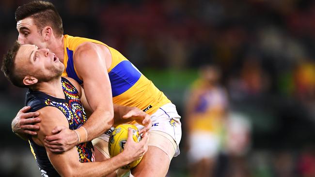 Elliot Yeo lays a big tackle against the Crows. Picture: Getty