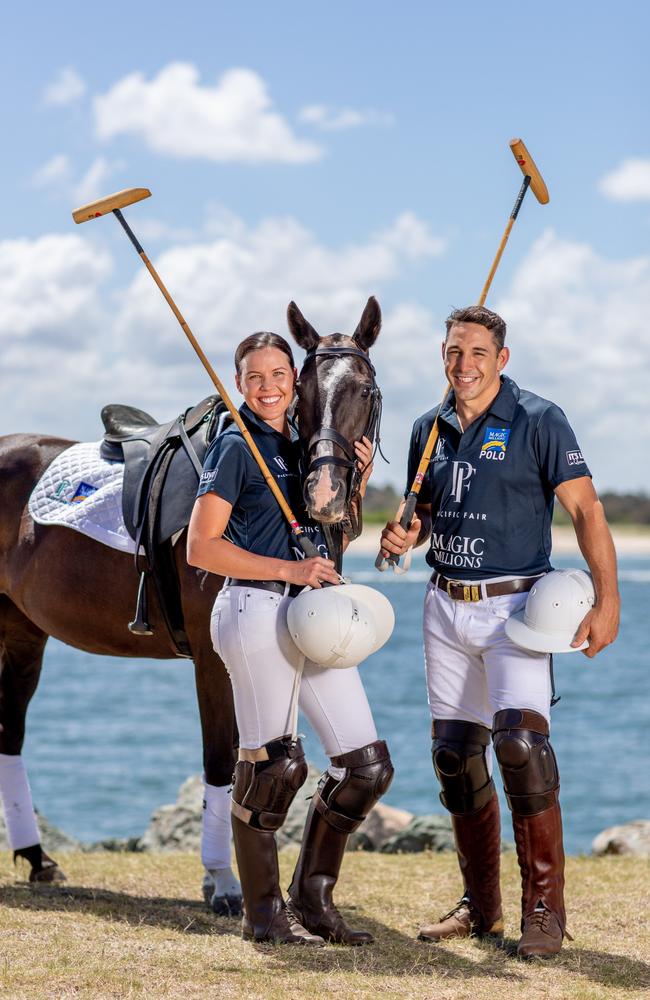 Billy and Nicole Slater all dressed up in polo gear ahead of the Magic Millions Polo. Picture by Luke Marsden.