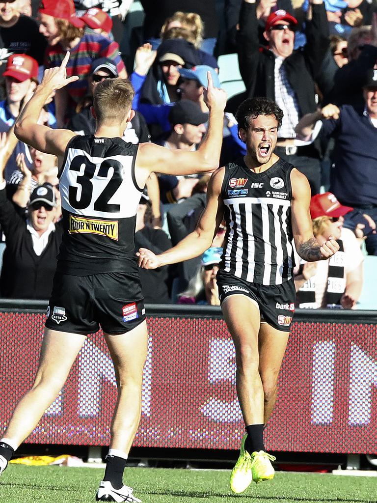 Brendon Ah Chee celebrates a fourth-quarter goal. Picture Sarah Reed