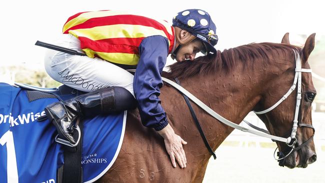 James McDonald shares a moment with Nature Strip after his third TJ Smith Stakes’ at Randwick last Saturday. Picture: Jenny Evans/Getty Images